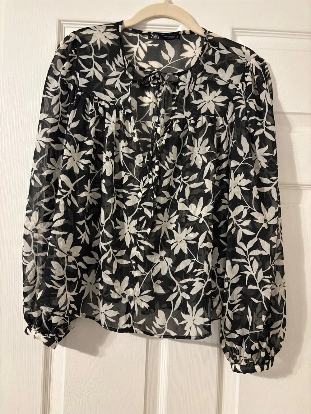 ZARA Black & White Floral Tie-Neck Sheer Blouse